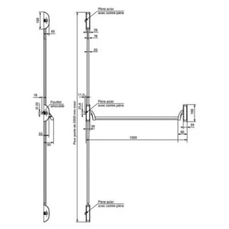 Serrure antipanique Push bar 3 points latéraux VACHETTE 1000 mm réversible avec gache - Noir - 18359000