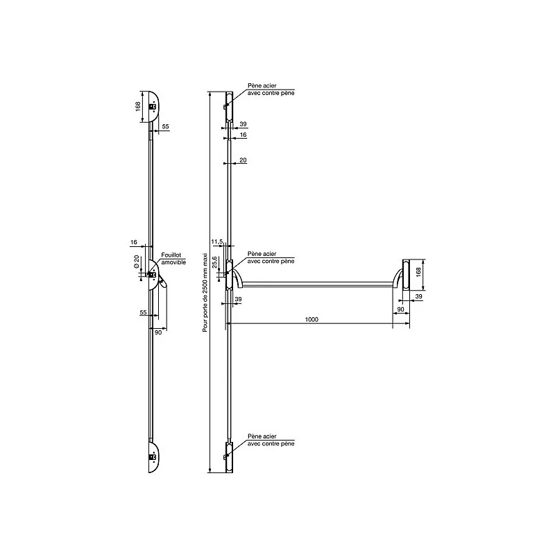 Serrure antipanique Push bar 3 points latéraux VACHETTE 1000 mm réversible avec gache - Noir - 18359000